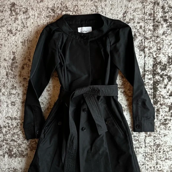 MAX & Co Black Trench Coat with Pleated Collar - Picture 2 of 7